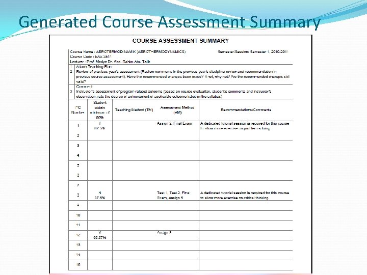 Generated Course Assessment Summary 