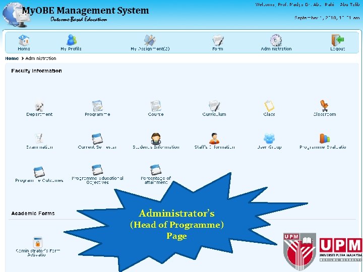 Administrator’s (Head of Programme) Page 