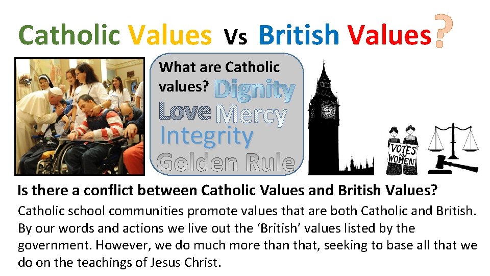 Catholic Values Vs ? British Values What are Catholic values? Dignity Love Integrity Is
