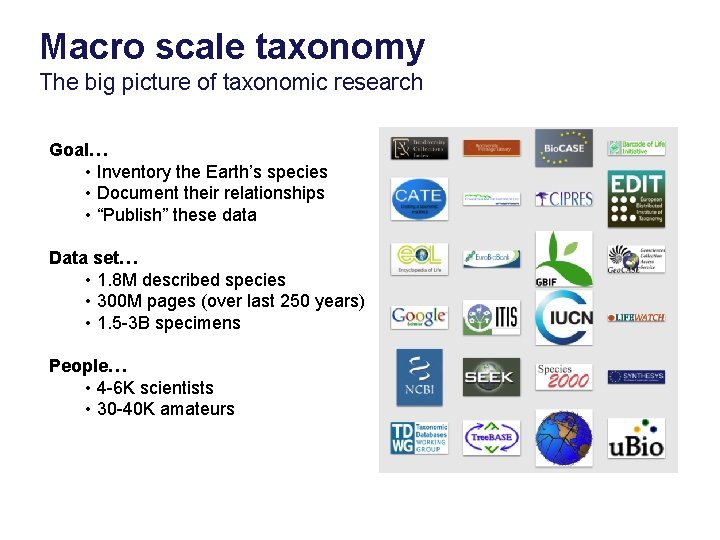 Macro scale taxonomy The big picture of taxonomic research Goal… • Inventory the Earth’s