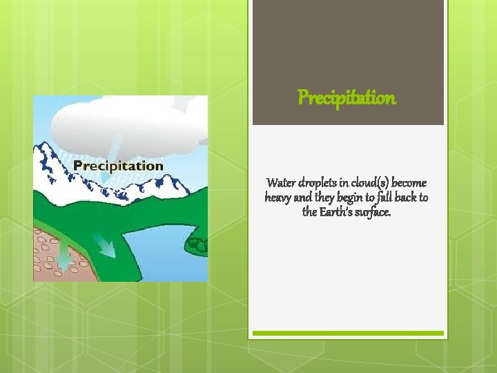 Precipitation Water droplets in cloud(s) become heavy and they begin to fall back to