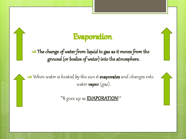 Evaporation The change of water from liquid to gas as it moves from the