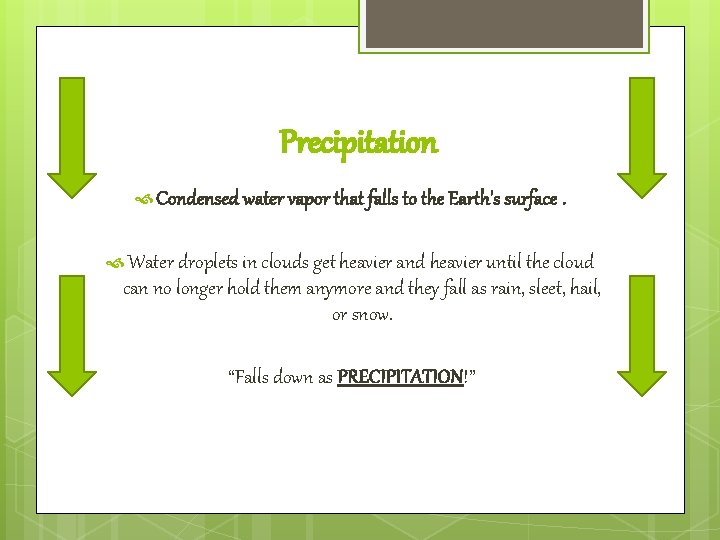 Precipitation Condensed water vapor that falls to the Earth's surface. Water droplets in clouds
