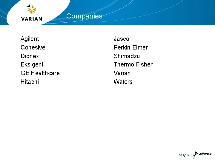 Companies Agilent Cohesive Dionex Eksigent GE Healthcare Hitachi Jasco Perkin Elmer Shimadzu Thermo Fisher