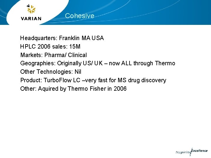 Cohesive Headquarters: Franklin MA USA HPLC 2006 sales: 15 M Markets: Pharma/ Clinical Geographies: