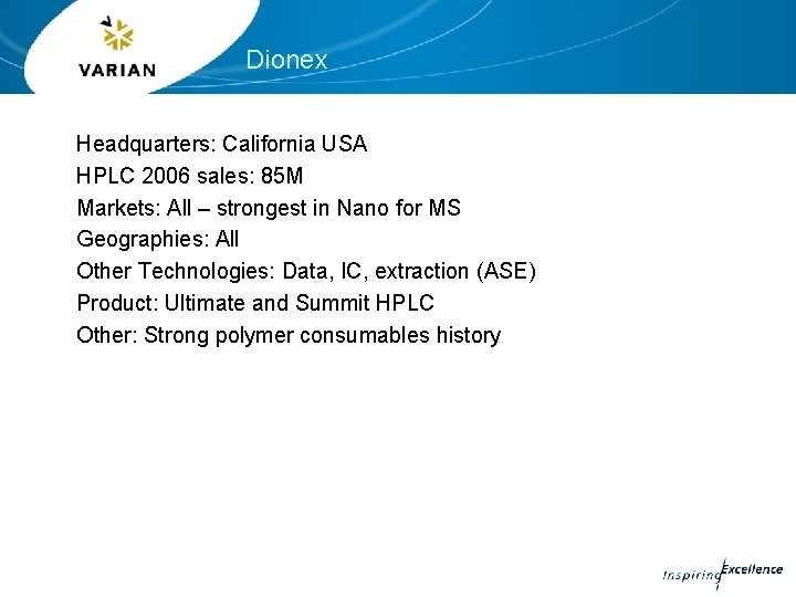 Dionex Headquarters: California USA HPLC 2006 sales: 85 M Markets: All – strongest in