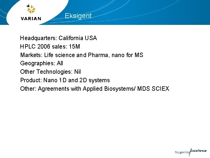 Eksigent Headquarters: California USA HPLC 2006 sales: 15 M Markets: Life science and Pharma,