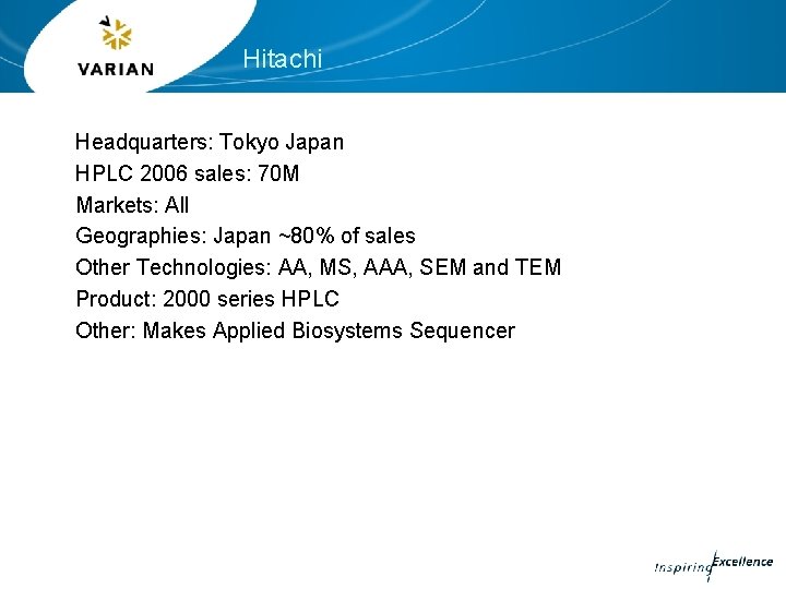Hitachi Headquarters: Tokyo Japan HPLC 2006 sales: 70 M Markets: All Geographies: Japan ~80%