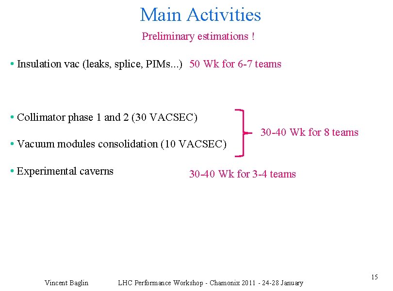 Main Activities Preliminary estimations ! • Insulation vac (leaks, splice, PIMs. . . )