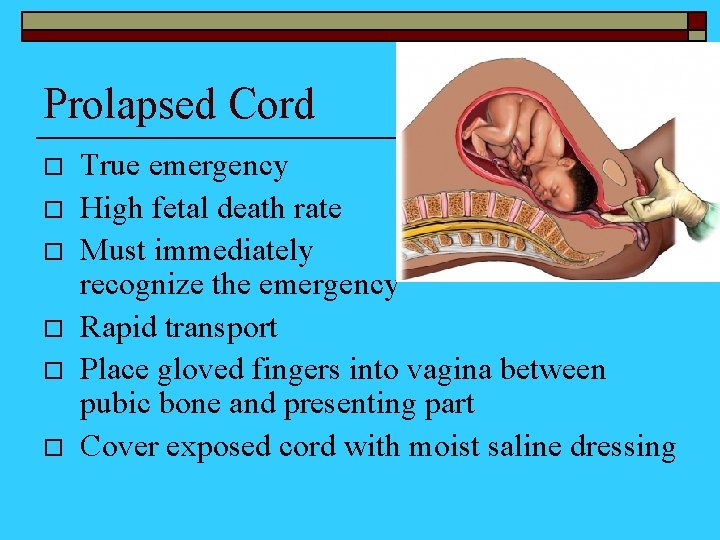 Prolapsed Cord o o o True emergency High fetal death rate Must immediately recognize