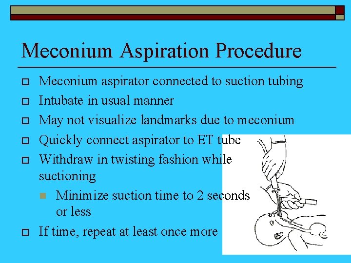 Meconium Aspiration Procedure o o o Meconium aspirator connected to suction tubing Intubate in