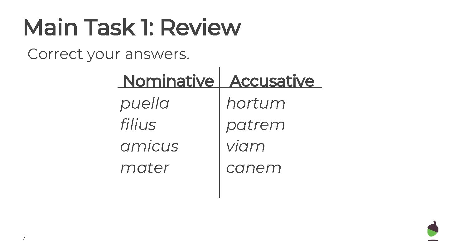 Main Task 1: Review Correct your answers. Nominative puella filius amicus mater 7 Accusative