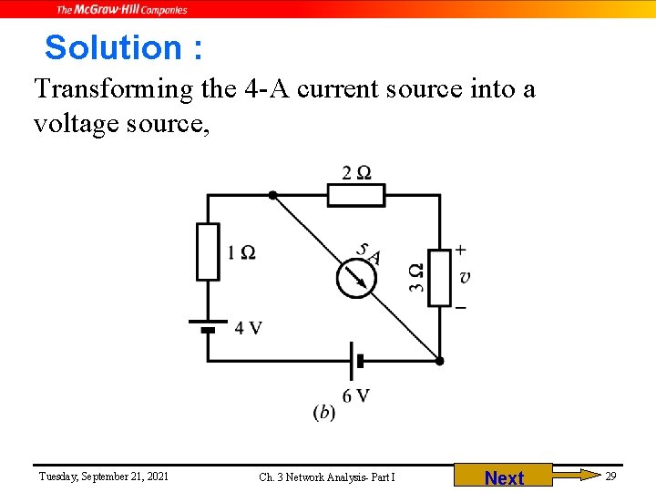 Solution : Transforming the 4 -A current source into a voltage source, Tuesday, September