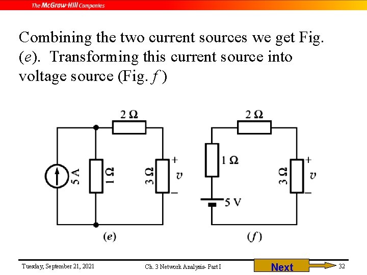 Combining the two current sources we get Fig. (e). Transforming this current source into