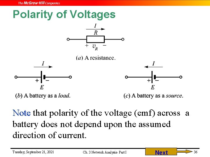 Polarity of Voltages Note that polarity of the voltage (emf) across a battery does