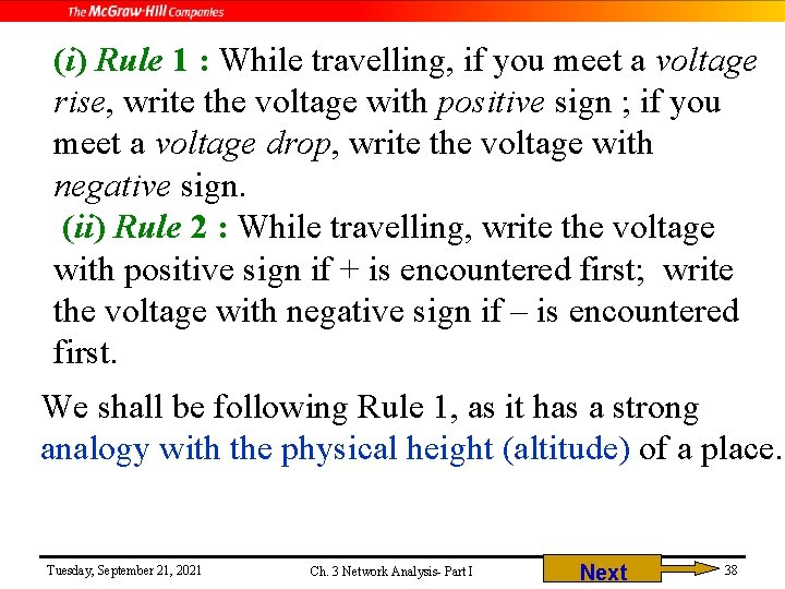 (i) Rule 1 : While travelling, if you meet a voltage rise, write the
