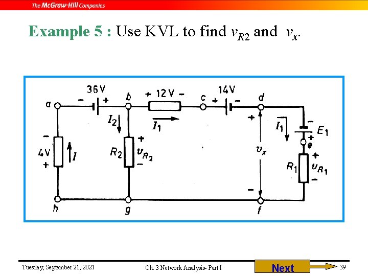 Example 5 : Use KVL to find v. R 2 and vx. Tuesday, September