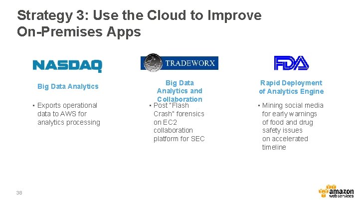 Strategy 3: Use the Cloud to Improve On-Premises Apps Big Data Analytics • Exports