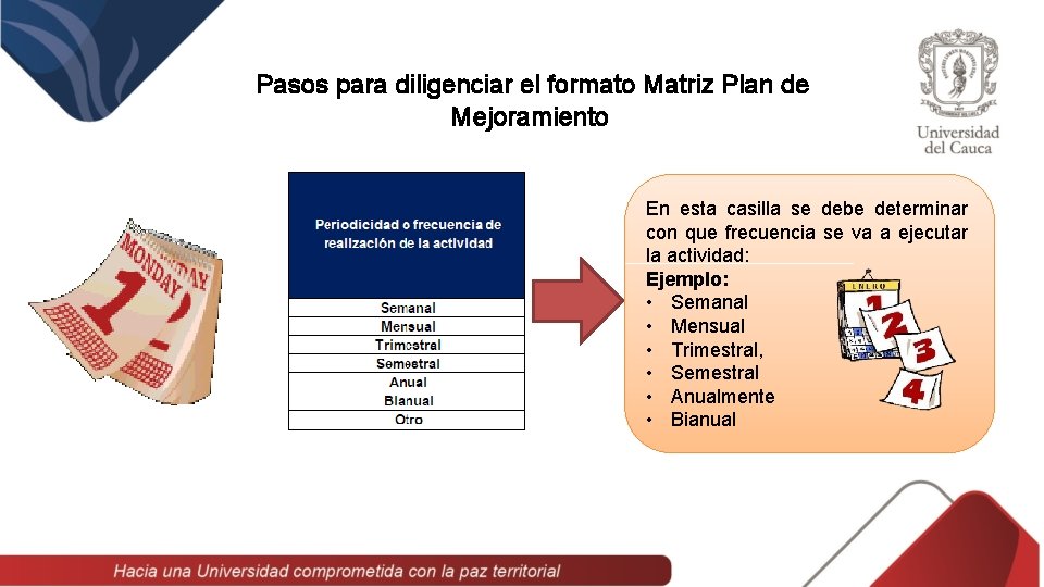 Pasos para diligenciar el formato Matriz Plan de Mejoramiento En esta casilla se debe