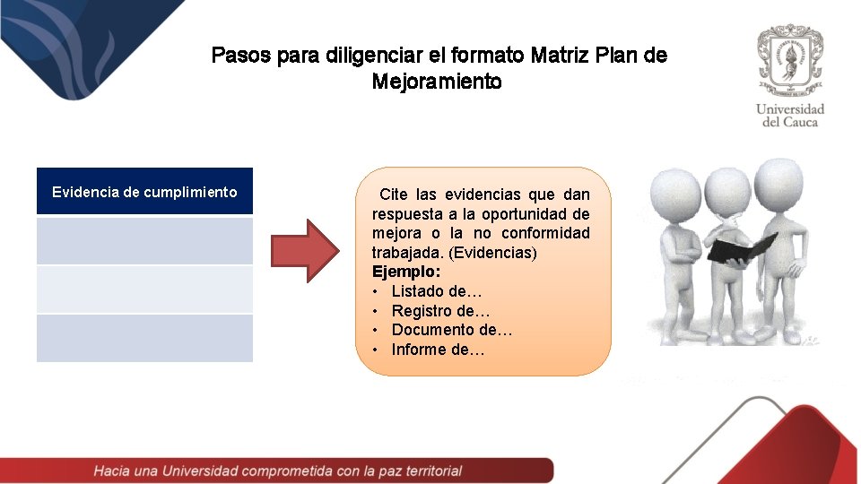 Pasos para diligenciar el formato Matriz Plan de Mejoramiento Evidencia de cumplimiento Cite las
