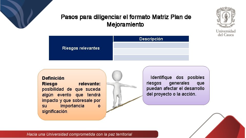 Pasos para diligenciar el formato Matriz Plan de Mejoramiento Descripción Riesgos relevantes Definición Riesgo