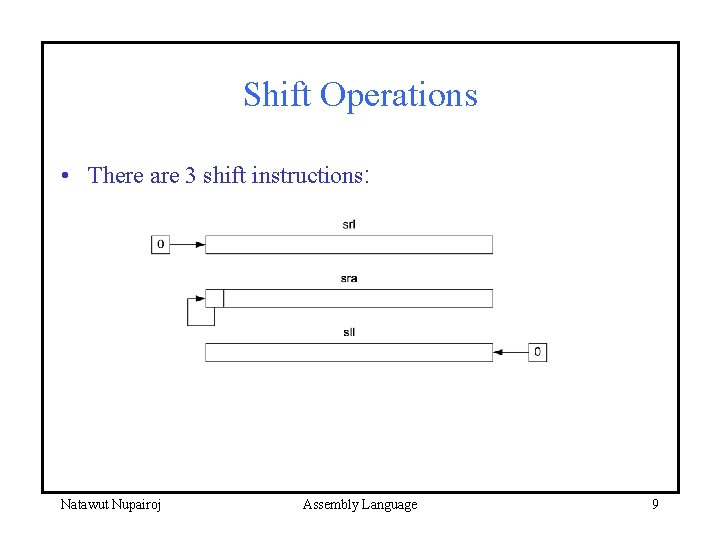 Shift Operations • There are 3 shift instructions: Natawut Nupairoj Assembly Language 9 