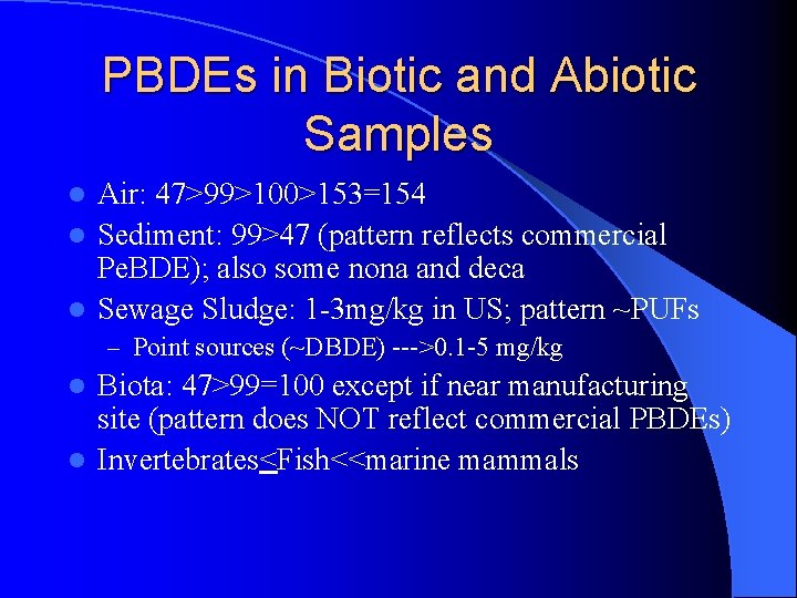 PBDEs in Biotic and Abiotic Samples Air: 47>99>100>153=154 l Sediment: 99>47 (pattern reflects commercial