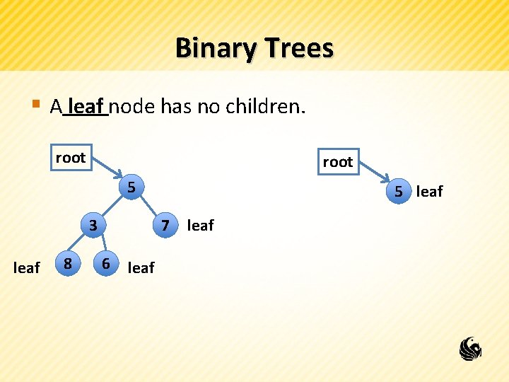 Binary Trees § A leaf node has no children. root 5 3 leaf 8