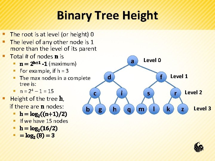 Binary Tree Height § The root is at level (or height) 0 § The