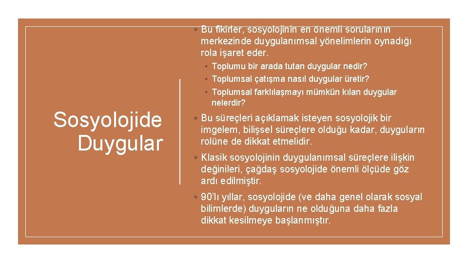 ◦ Bu fikirler, sosyolojinin en önemli sorularının merkezinde duygulanımsal yönelimlerin oynadığı rola işaret eder.