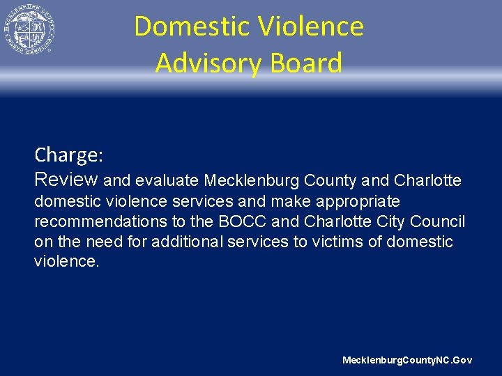 Domestic Violence Advisory Board Charge: Review and evaluate Mecklenburg County and Charlotte domestic violence