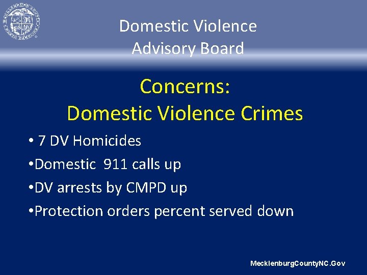 Domestic Violence Advisory Board Concerns: Domestic Violence Crimes • 7 DV Homicides • Domestic