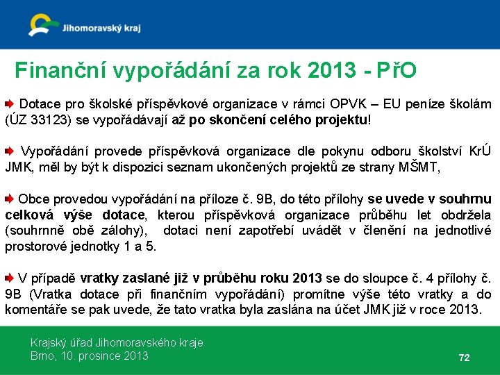 Finanční vypořádání za rok 2013 - PřO Dotace pro školské příspěvkové organizace v rámci