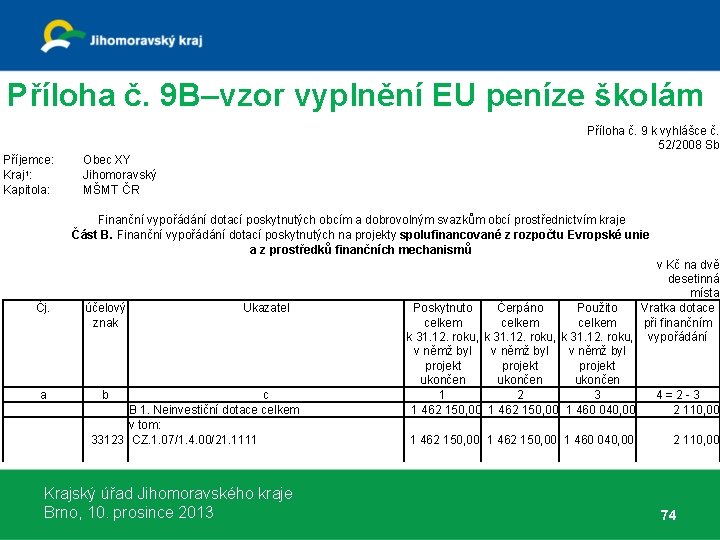 Příloha č. 9 B–vzor vyplnění EU peníze školám Příloha č. 9 k vyhlášce č.
