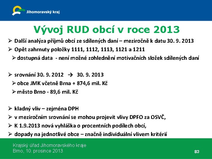Vývoj RUD obcí v roce 2013 Ø Další analýza příjmů obcí ze sdílených daní