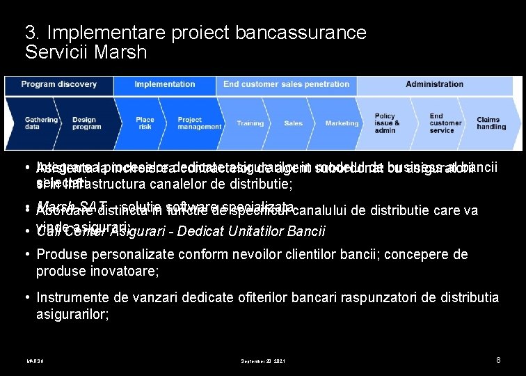 3. Implementare proiect bancassurance Servicii Marsh • Integrarea asigurarilor in subordonat modelul de cu
