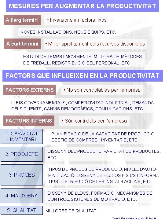 MESURES PER AUGMENTAR LA PRODUCTIVITAT A llarg termini • Inversions en factors fixos NOVES