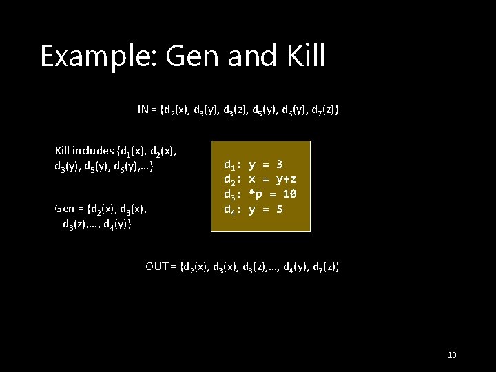 Example: Gen and Kill IN = {d 2(x), d 3(y), d 3(z), d 5(y),