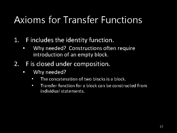 Axioms for Transfer Functions 1. F includes the identity function. • Why needed? Constructions