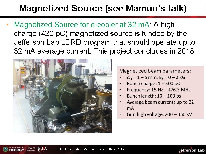 Magnetized Source (see Mamun’s talk) • Magnetized Source for e-cooler at 32 m. A: