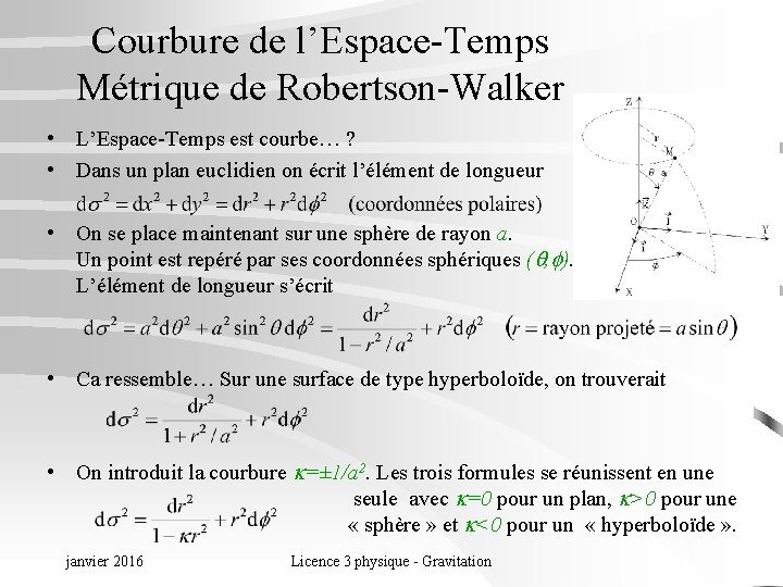 Courbure de l’Espace-Temps Métrique de Robertson-Walker • L’Espace-Temps est courbe… ? • Dans un