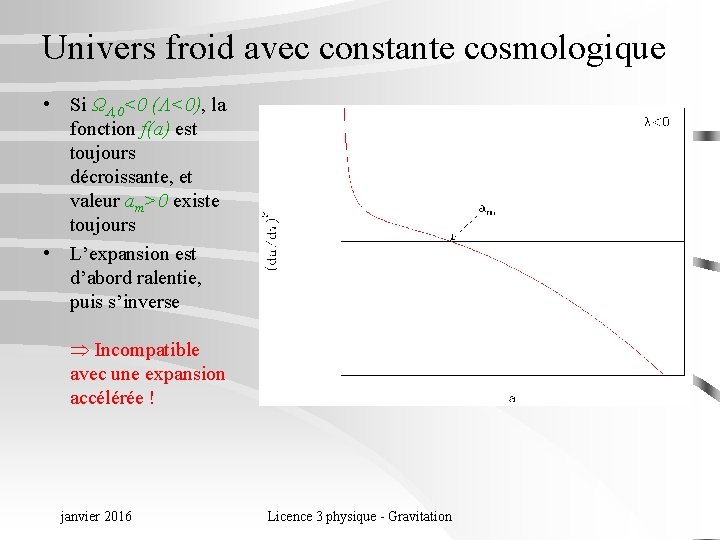 Univers froid avec constante cosmologique • Si ΩΛ, 0<0 (Λ<0), la fonction f(a) est