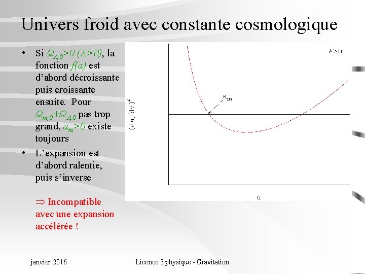 Univers froid avec constante cosmologique • Si ΩΛ, 0>0 (Λ>0), la fonction f(a) est