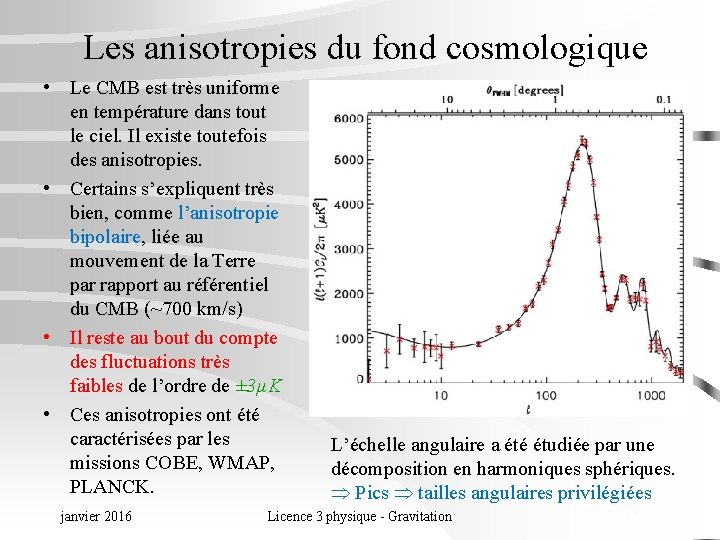 Les anisotropies du fond cosmologique • Le CMB est très uniforme en température dans