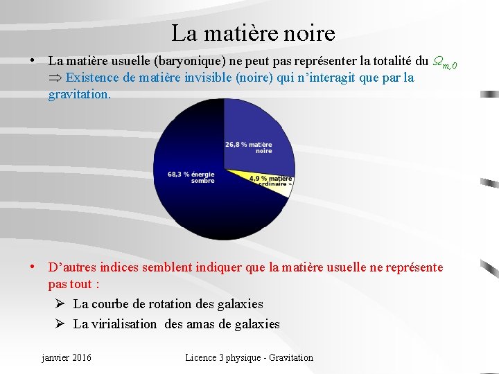 La matière noire • La matière usuelle (baryonique) ne peut pas représenter la totalité