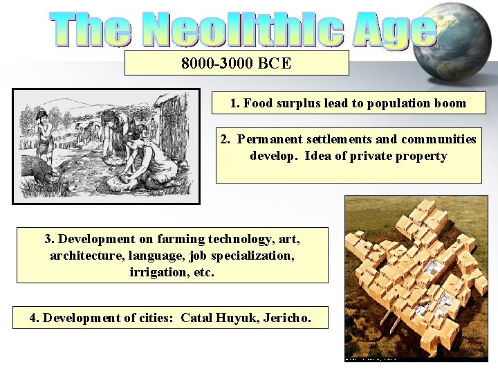 8000 -3000 BCE 1. Food surplus lead to population boom 2. Permanent settlements and