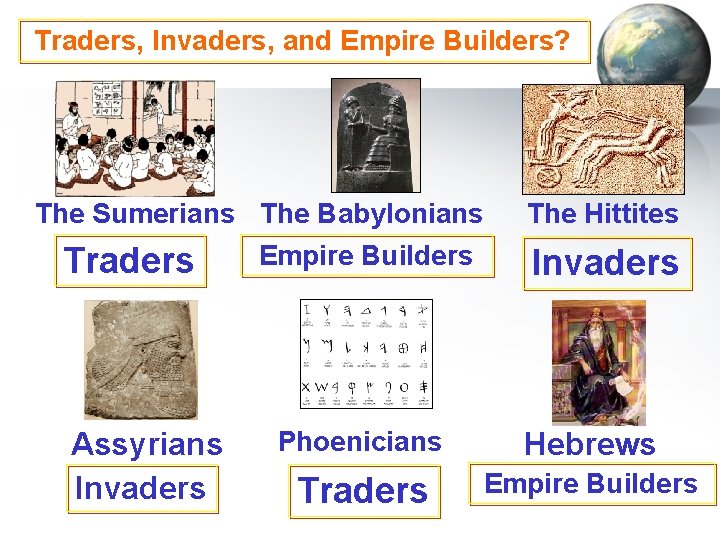 Traders, Invaders, and Empire Builders? The Sumerians The Babylonians Empire Builders Traders Assyrians Invaders