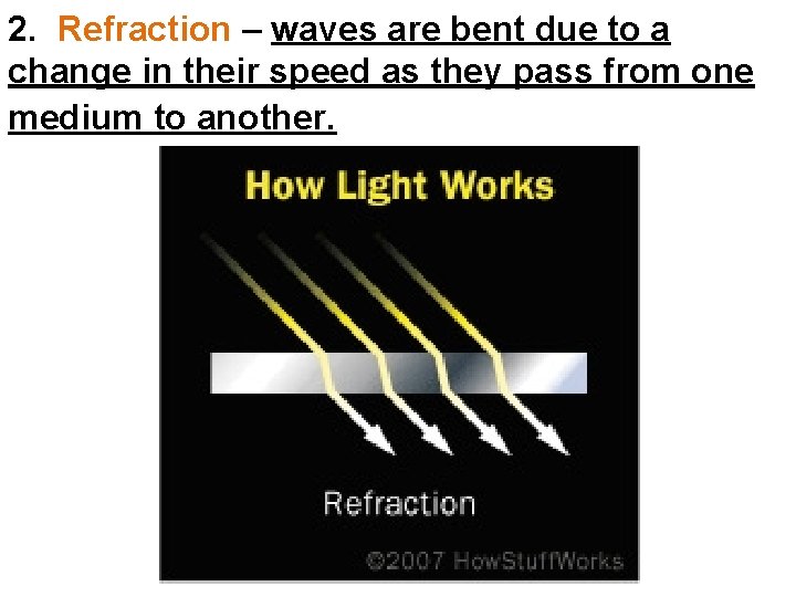 2. Refraction – waves are bent due to a change in their speed as
