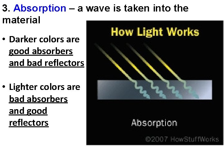 3. Absorption – a wave is taken into the material • Darker colors are