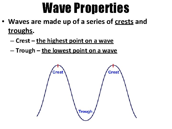 Wave Properties • Waves are made up of a series of crests and troughs.